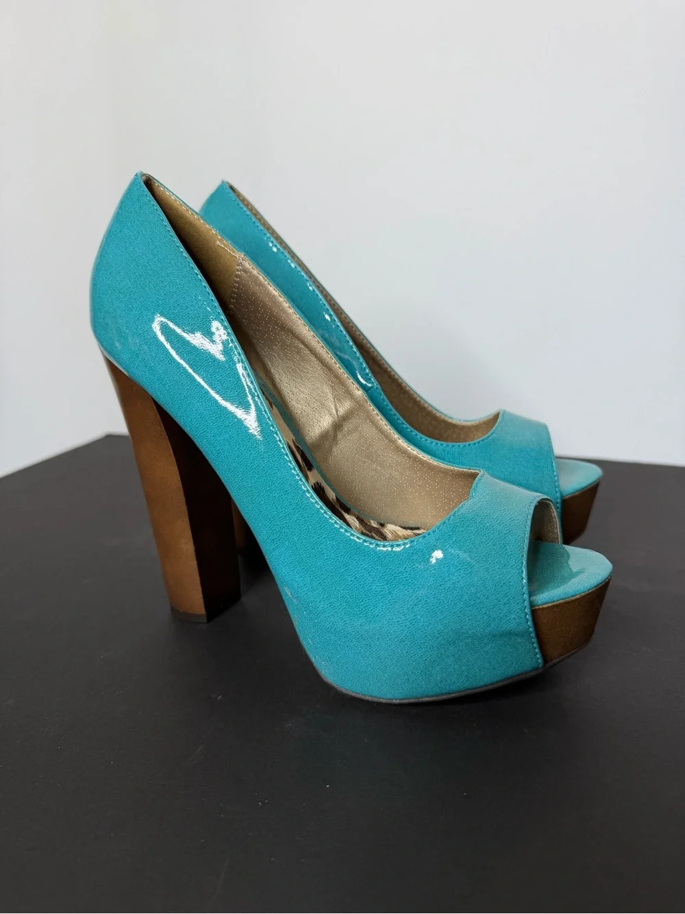 Qupid Teal Peep-Toe Platform High Heels with Brown Block Heel